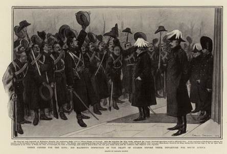 Three Cheers for the King, His Majesty's Inspection of the Draft of Guards before their Departure for South Africa (litho)