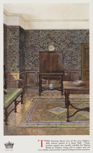 Textured wallpaper in a large hall (colour litho)