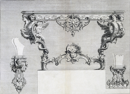 Double branched candlestick with rococo and classical elements, from a pattern book of Neo-classical metalwork designs put together by Duhamel, c.1770s-80s (engraving)