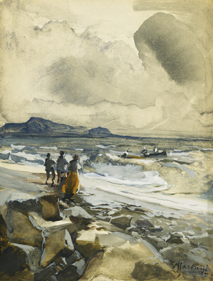 On the Beach, (w/c & bodycolour on card)