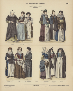 German costumes, 17th Century (coloured engraving)
