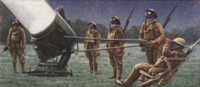 Air Raid Precautions: Set of 50 cards issued by WD & H0 Wills, Britain 1938, in preparation for the anticipated coming of World War II. Anti-Aircraft Searchlight which was operated by a detachment of 10 men. Electric arc lamp with range of 5 miles, was used in conjunction with anti-aircraft guns to bring down enemy aircraft.
