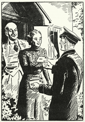 Elderly couple receiving letters from their children (litho)