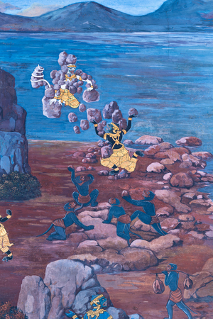 Mural depicting scenes from the Ramayana at Wat Phra Kaeo, the Royal Grand Palace, Bangkok, Thailand