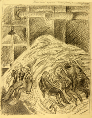 Lunch Break, Textile Manufacture, Winding Knitters, Moscow 1941, 1986 (pencil on paper)