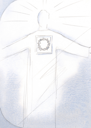 Christ the High Priest appears in majesty, His robe bearing the image of the Crown of Thorns, 2001 (w/c on paper)