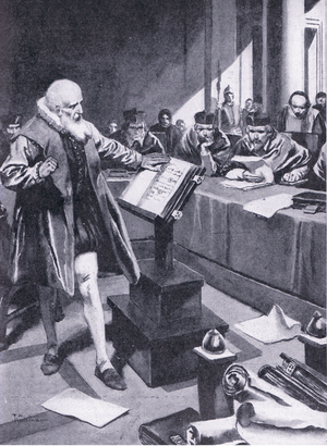 Galileo appears before the Cardinals in Rome, illustration from'Cassell's Romance of Famous Lives', c.1940 (litho)
