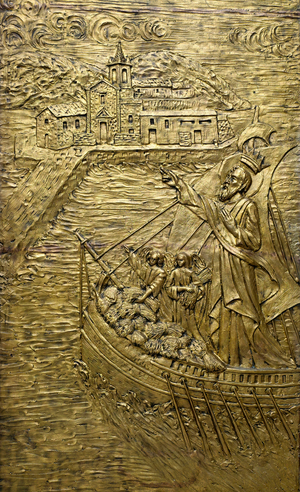 Relief, detail of bronze door, Cathedral of San Bartolomeo, Lipari town, Lipari, Ae..., 2016 (photo)