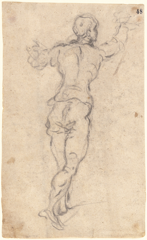A Striding Youth with His Arms Raised, Seen from Behind, c.1579 (charcoal on oatmeal paper)