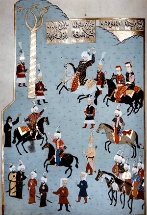 Mehmed II the Conqueror, Ottoman Sultan 1444-46 and 1451-81, riding in the hippodrome and pointing to serpent column