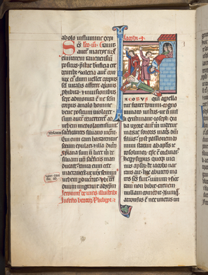 Ms 49, fol. 73v, Martyrdom of St Philip and St James,1267 - 76 (parchment)
