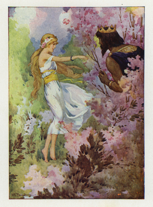 Proserpine dancing among the lilies, watched by a great King (colour litho)