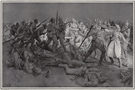 The desperate attempt of the Famous Prussian Guard to break the protecting British line round Ypres: November, 10, 1914. How the British infantry assisted by the beams of the searchlight repulsed with heavy losses the Prussian guard. Published in The Sphere, 28 November 1914. (litho)