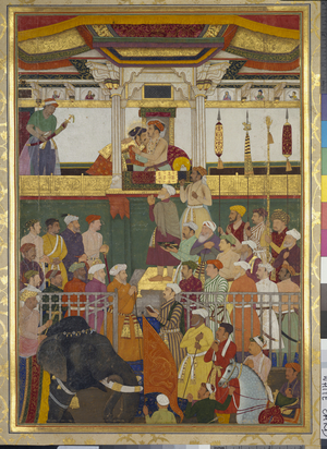 Jahangir receives Prince Khurram on his return from the Mewar campaign (19 February 1615), 1656-57 (opaque pigment & gold on paper)