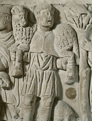 The Good Shepherd, moschophoros, detail, 4th century (Carrara marble bas-relief)