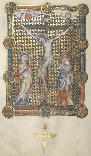 Miniature of the Crucifixion, with the sun and moon overhead, and the Virgin Mary and John the Evangelist below (Canon of the Mass)