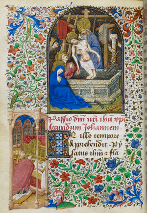 Miniature of the Trinity at the Resurrection of Christ, with John the Evangelist and the instruments of the Passion, with full foliate borders including a miniature of Gregory kneeling before an altar in a church, at the beginning of the Mass of St. Gregory in the Passion according to John