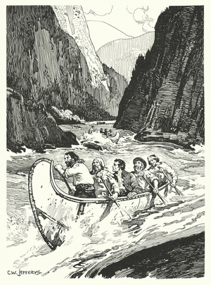 Simon Fraser descending the Fraser River, 1808 (litho)