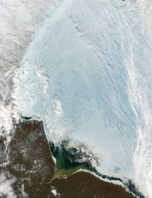 satellite view over Hudson Bay, Canada. Large ice flow is shown over the bay.