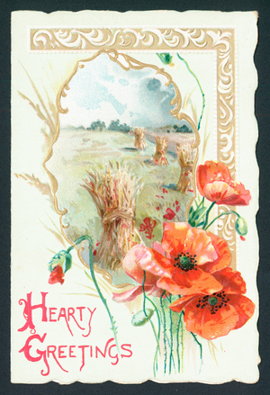 Poppies and Harvest Scene, Card (chromolitho)