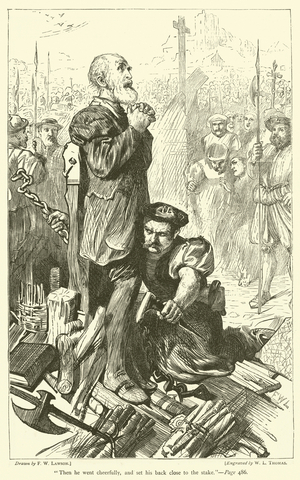 "Then he went cheerfully, and set his back close to the stake" (engraving)