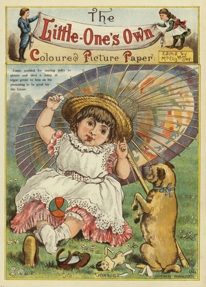 Young girl telling her dog off for breaking her doll (chromolitho)