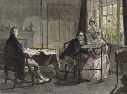 George Stephenson at Darlington in 1823 (coloured engraving)