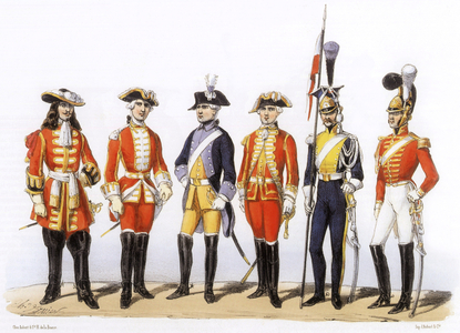 French army uniforms: Light-Horses, 17-18-19th century, engraving by Charles Vernier (1831-1887)