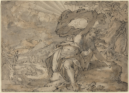 Allegorical Female Figure in a Landscape [recto], c.1600 (pen and ink drawing)