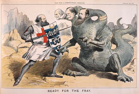 'Ready for the fray'. Saint George fighting a three-headed dragon representing separatism; atheism; and socialism. A political cartoon.