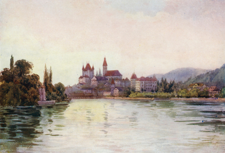 Switzerland, 1900s: Thun from the Lake (colour litho)