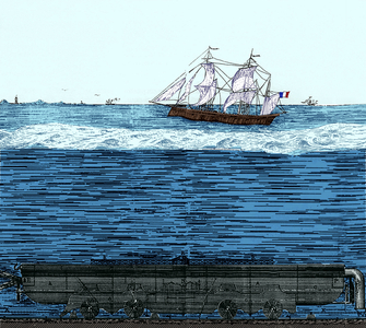 Project for tunnel under the Channel by Lacomme in 1869: submarine train, engraving