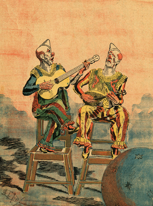 Duo of clowns musicians (engraving, circa 1900)