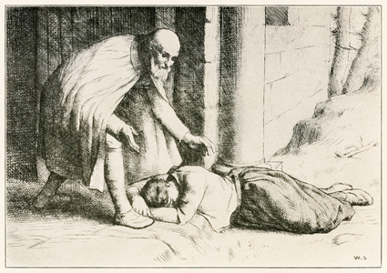 "Mercy swoons before the Gate" from 'The Pilgrim's Progress From This World, To That Which Is To Come' by John Bunyan (1628-1688) illustration by William Strang (1859-1921) The gatekeeper helps Mercy who fainted at the Wicket Gate fearful she has been rejected.