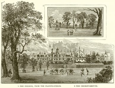 1. The College, from the Playing-Fields. 2. The Cricket-Ground (engraving)