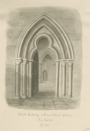 Lichfield - South Doorway of St. Chad's Church: sepia drawing, 1842 (drawing)