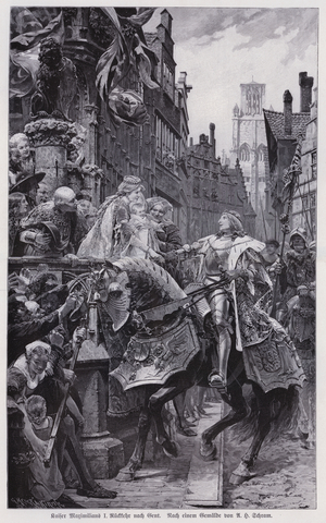 Archduke Maximilian of Habsburg, greeted by his wife Mary, Duchess of Burgundy, on his return to Ghent after defeating the French at the Battle of Guinegate, 1479 (engraving)