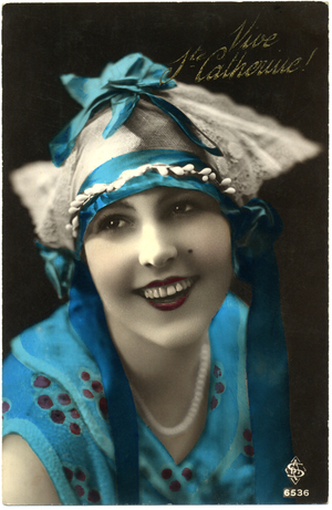 Smiling Woman Wearing Large Hat with Blue Ribbon, "Ste Catherine", Hand-Colored, French Postcard, c.1914