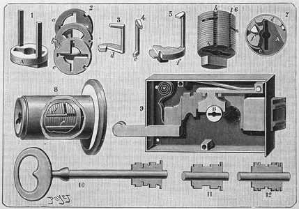 Diagram of a deconstructed lock, 1850