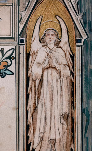 Triptych, Detail, Coloured print, 1909, Signed on the back: "J, van Tuyn; Sculpteur; 178 Rue Verte Bruxelles", Parish church, Elsegem, Parochiekerk Sint-Maurus, Wortegem-Petegem, Oost-Vlaanderen, Belgium