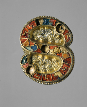 Fibula or buckle in silver gilt with enamel and precious stones (silver and stones)