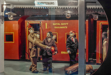 Glimpses of Mahatma Gandhi thrown out of train in South Africa (b/w photo)