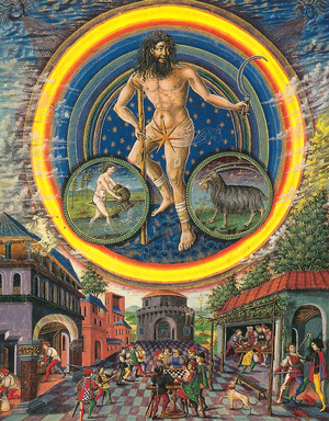 Constellation of Saturn with Aquarius and Capricorn, illumination from from manuscript "De Sphaera", 15th century