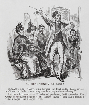 Passengers trapped inside an elevator (engraving)
