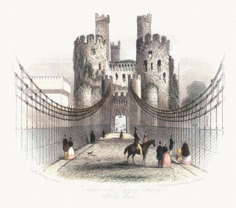 Conwy suspension bridge over Conwy estuary, Wales, View along the roadway. Built by Thomas Telford (1757-1834), between 1822 and 1826. Engraving c1840. 
