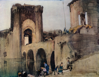 A war-bridge of the middle ages at Parthenay in France (colour litho)