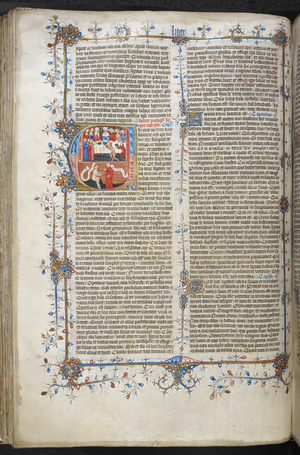 Historiated initial 'V'(ir) of Job feasting in the upper register, and Job and his wife in the lower register, with a full border, at the beginning of Job