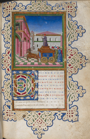 Time standing on a wheeled chariot, pulled by stags, leading a procession in a town. The poem 'Triumph of Time', beginning with decorated initial 'D'. Borders with interlace decoration