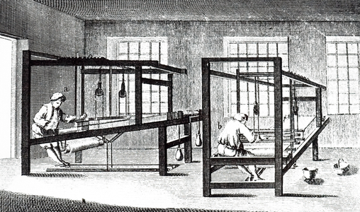 An engraving depicting a horizontal frame loom, 19th century