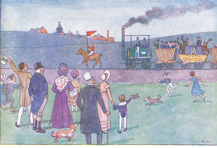 The first trains, from A Nursery History of England published by Nelson and Sons, c. 1940 (colour litho)